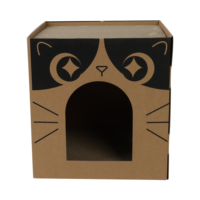 Maison pour chat à 2 niveaux en carton ondulé, personnalisable et en gros, avec fenêtre, griffoir intégré, impression de logo disponible