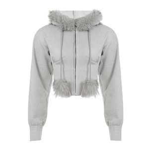 Sudadera Corta de Invierno para Mujer, con Cierre Completo, Tejida, Transpirable, Cortavientos, con Capucha, Control de Abdomen, Ribete de Piel Sintética y Bolsillos - Product Image 5