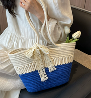 Bolso de Mano de Paja para Mujer, Color en Contraste, Lazo, Tejido, Informal, para Vacaciones, Playa