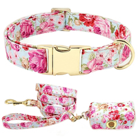 Conjunto de Correa y Collar para Perro de Nailon Transpirable con Patrón Impreso Personalizado, Hebilla de Metal Dorado Rosa Ajustable y Duradera, Color a Juego