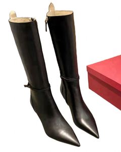 Brown Leather Pointed Toe Knee High Boots with Stiletto Heel and Buckle Detail - Product Image 5