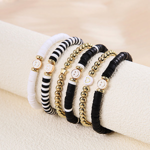 Black And <b>White</b> Polymer Clay <b>Bracelet</b> Set Smile Face Beaded Women Fashion Jewelry Ethnic Style Summer 2023 Yiwu Origin - Product Image 3
