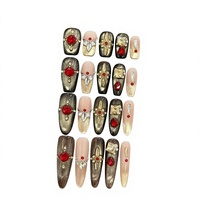 En gros Faux ongles à presser de luxe noirs effet œil de chat, longs forme cercueil, avec breloque croix 3D, papillon, perle, finition brillante, style gothique, pour salon
