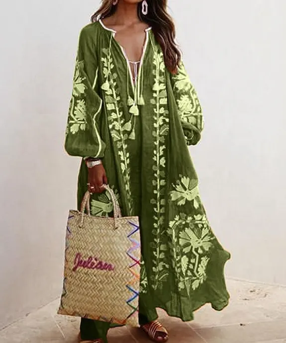 OUDINA New Women's Clothing Loose Embroidered Belt Beach Elegant Casual Dresses Maxi Shirt Dress