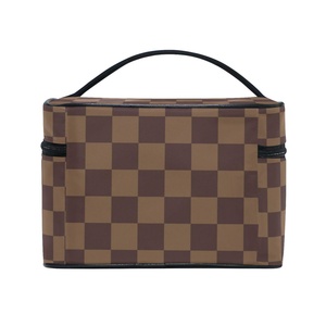Luxury Personalize Portable Brown Checkered Toiletry <b>Case</b> <b>Makeup</b> Bag Ladies Travel Square Cosmetic Bag with Zipper and Handle - Product Image 4