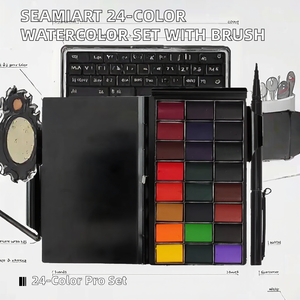 New Arrivals SeamiArt 24color Professional Grade Memo Pad Solid Watercolor Set on Paper with 1pc Metal/ <b>Paint</b> Brush Pen - Product Image 2