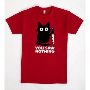 T-shirt You Saw Nothing Black Cat Knife in cotone rosso, taglia unisex per adulti - Product Image 1