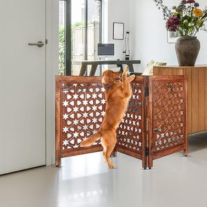 3 Panel Pagar Anjing Lipat Kayu Ukir Tangan dengan Alas Anti Selip untuk Penggunaan di Dalam Ruangan untuk Anjing Kecil - Product Image 2