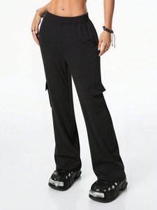 Mid Waist PU Workwear Casual Breathable Comfortable <strong>Sports</strong> <strong>Trousers</strong> <strong>Women</strong> Regular Fit Elastic Waist Wide Leg Spring Pants - Product Image 6
