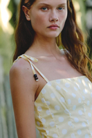 Fournisseur de vêtements de mode sur mesure, robe mini évasée à imprimé pois avec bretelles nouées, plissée, pour femmes, fabricant de vêtements en petites séries