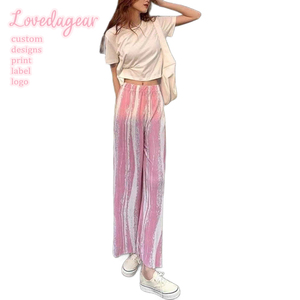 Loveda Custom Private Label donna estate allentata cravatta tinta unita Casual elasticizzata vita larga gamba lunga <span class=keywords><strong>Palazzo</strong></span> <span class=keywords><strong>pantaloni</strong></span> - Product Image 1