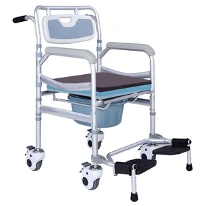 كرسي للاستحمام قابل للطي 3 في 1 مصنوع من الألمونيوم كرسي لجانب السرير كرسي قابل للنقل كرسي استحمام مع عجلات للمسنين
