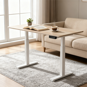 एर्गोनोमिक दोहरी मोटर स्थायी डेस्क ऊंचाई-समायोज्य आधुनिक डिजाइन धातु प्रबलित आयताकार स्तंभ लकड़ी शीर्ष घर कार्यालय अध्ययन - Product Image 1