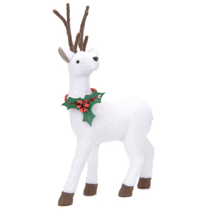 Snow White Plush 20in <b>Reindeer</b> Accent with Holly Collar Red Bell Cluster Nordic Holiday <b>Decoration</b> for Home Store Styling - Product Image 1