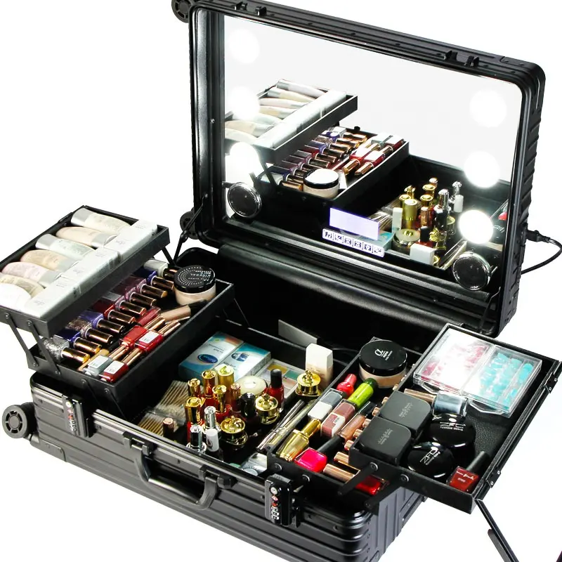 حقيبة أدوات التجميل, حقيبة أدوات التجميل الاحترافية بحجم 24 بوصة ، مزودة بأضواء وعجلة مرآة ، حقيبة القطار للسفر