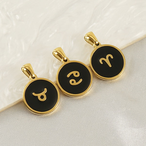 Colgante de esmalte negro con disco redondo de 16 mm y 12 signos del zodiaco |   Acero Inoxidable con Baño de Oro de 18K PVD, Resistente al Agua y Sin Decoloración, para Joyería DIY - Product Image 1