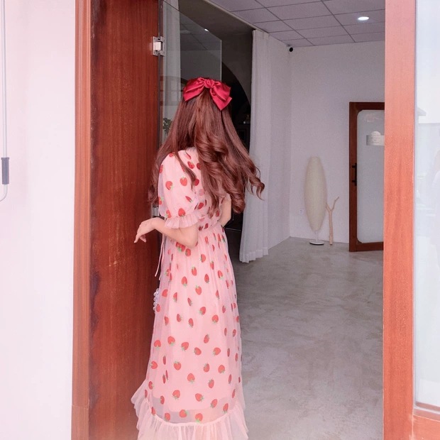 Korean Style Strawberry Gauze Dress for Women - Casual Short Sleeve V-neck  A-Line Summer Elegance, Perfect for Parties