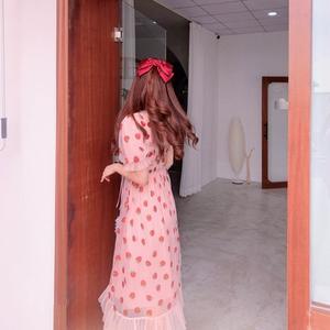 Abito stile coreano in garza alla <span class=keywords><strong>fragola</strong></span> da donna da ragazza estate dolce eleganza dolce manica corta a collo corto abito lungo Casual - Product Image 4