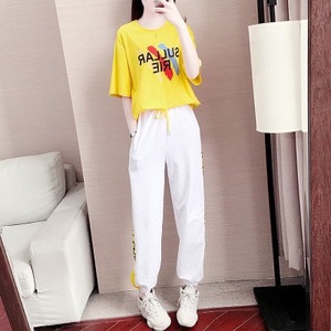 Women's Two Piece Summer Suit Yellow Short Sleeve Knitted Casual Set Fashion Geometric Pattern Polyester Fiber CX233 - Product Image 2