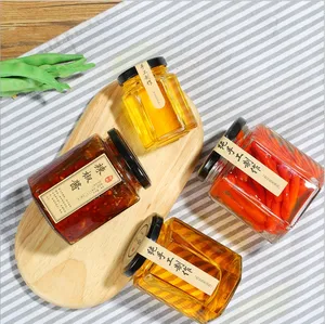 Jarra de vidro de mel única, venda superior, jarra de vidro de mel, mel, jarra de vidro de molho quente com caixa de embalagem