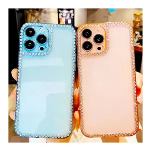 MAXUN grosir disesuaikan dekorasi berlian imitasi Bumper ponsel bening Glitter berkilau Bling Case untuk iPhone 11 15 Pro Max Plus Mini