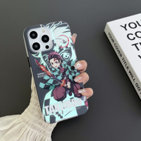 Nouvelle coque de téléphone en film double face avec bouton métallique, motif dessin animé Demon Slayer, anti-lumière bleue, pour iPhone 17 Pro Max 16 11 XS, coque arrière IMD