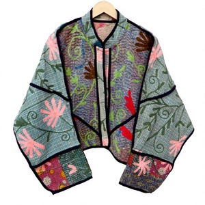 Elegante Chaqueta Kantha Estampada 100% Algodón con Cuello Mandarín, Transpirable, Multicolor, Ecológica, para Otoño, Abrigo para Mujer - Product Image 1