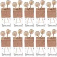 Lot de 10 flacons diffuseurs de parfum pour voiture en verre transparent carré de 8 ml, diffuseur à clip, flacons vides pour huiles essentielles, verre épais, ornement en bois