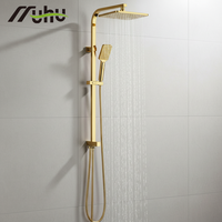 Ensemble de barre de douche carrée plaquée or en acier inoxydable, ensemble de douche mural avec douchette à main et pomme de douche pluie