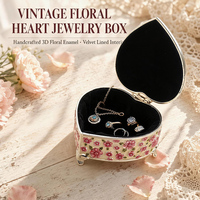 Boîte à bijoux en métal en forme de cœur, étui à bibelots en émail floral 3D, rose en cristal, velours, cadeau pour la fête nuptiale, cadeau pour petite amie