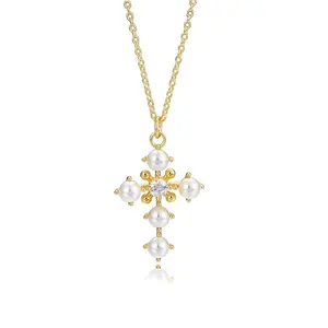 Custom Wholesale Trendy 5A Zircon Sterling Silver Chain Choker 14K Gold Rhodium Plated Shell Pearl Jesus Cross Pendant necklace