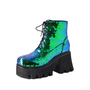 Botas de cuero personalizadas con tacón grueso, cálidas, hasta el tobillo, sin cordones, transpirables, con lentejuelas y suela de goma. - Product Image 1