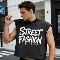 Heren donkergrijs mouwloos T-shirt met klinknagels versierd, zacht katoen, retro streetwear, casual, losvallend, korte mouw T-shirt