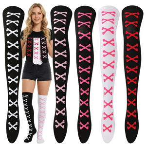 Calcetines hasta la rodilla para mujer, color negro, rojo, blanco, con estampado digital, transpirables, para uso diario, por encima de la rodilla - Product Image 4