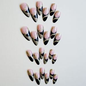 <span class=keywords><strong>Uñas</strong></span> postizas francesas <span class=keywords><strong>negras</strong></span> <span class=keywords><strong>con</strong></span> purpurina dorada, <span class=keywords><strong>uñas</strong></span> postizas largas tipo stiletto, <span class=keywords><strong>uñas</strong></span> acrílicas reutilizables de cobertura completa para mujer - Product Image 3