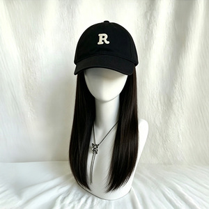 Casquette de baseball noire avec perruque intégrée et broderie lettre <span class=keywords><strong>R</strong></span>, perruque-chapeau en cheveux synthétiques lisses naturels de 20 pouces pour femme, usage quotidien décontracté - Product Image 1