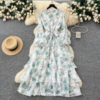 Robe longue élégante décontractée de style français pour femme, manches lanternes, ceinture à nouer, boutons simples, dentelle