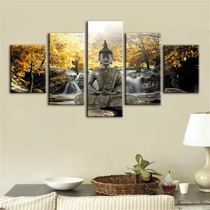 5 Panel Karya Seni Dinding Poster Cetak Dekorasi Rumah Ruang Tamu Modern Gambar Gaya Bingkai Modular Lukisan Kanvas Buddha