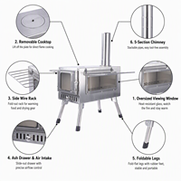 Poêle de camping en acier inoxydable pour tente chauffée, avec grande fenêtre de visualisation, à bois, avec plaque de cuisson amovible et pieds pliables