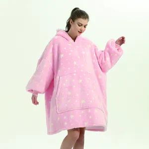 Ropa al por mayor para mujer, jersey de bolsillo con diseño personalizado, forro polar Sherpa Rosa luminosa, Sudadera con capucha usable, manta