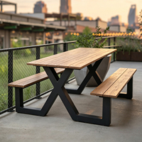 Ensemble de table de pique-nique extérieure moderne à pieds en X, plateau en bois massif, structure en acier galvanisé, mobilier de jardin, ensemble de salle à manger pour parc public