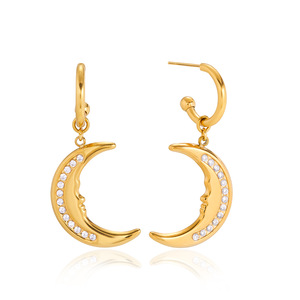<b>Moon</b> Drop <b>Earrings</b> 18K Gold Plated Stainless Steel White Rhinestone Channel Setting Fashion Jewelry - Product Image 5