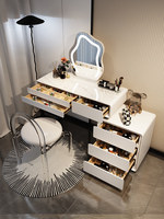 Table de toilette moderne et minimaliste couleur crème avec commode à 6 tiroirs, bureau de maquillage de luxe avec miroir LED profilé, mobilier de chambre arrondi