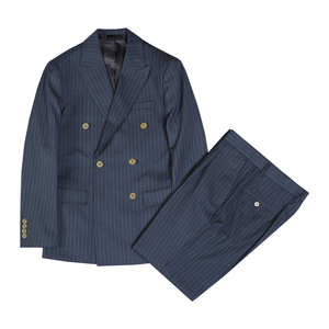 Abito da <span class=keywords><strong>uomo</strong></span> con risvolto a punta in lana classica a righe <span class=keywords><strong>blu</strong></span> <span class=keywords><strong>Navy</strong></span> Casual 2 pezzi doppiopetto - Product Image 4