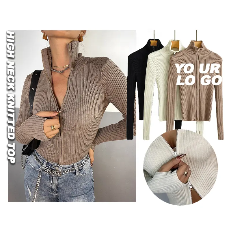 Luluxixiyaya High Quality Vintage Turtleneck Long Sleeve Top with 2 Sides Zipper Finger Hole Knitted Noodle Rib