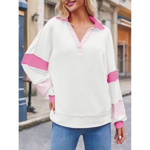Sudadera Oversize de Bloques de Color para Mujer, Cuello Polo en V, Manga Larga, Casual, Holgada, Tejida Transpirable para Primavera - Product Image 2