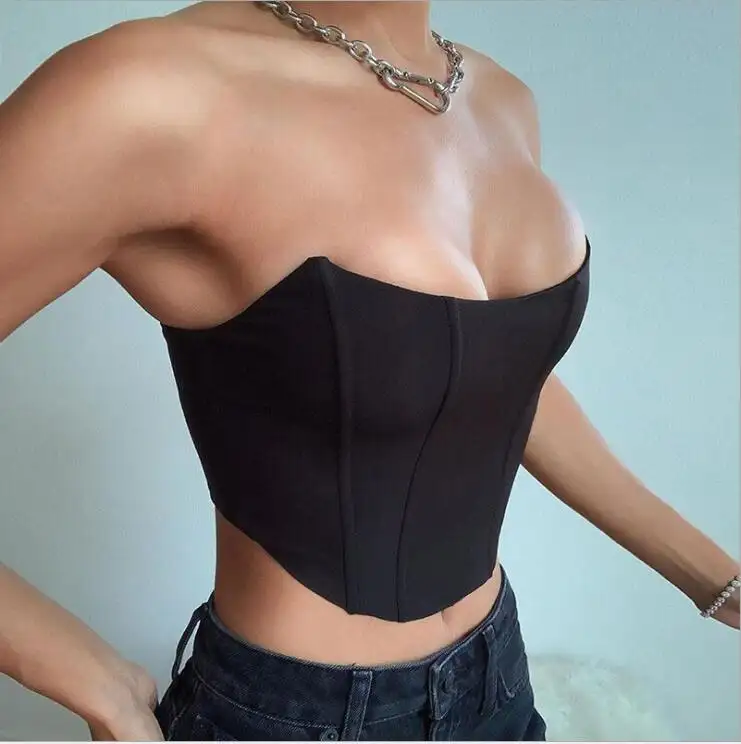 KFL90538 Shiny satin curved breast wrap sweet crop top cute solid color sheer sexy backless women tube top