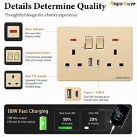 Interrupteur mural de luxe couleur or champagne, prise 13A norme britannique double pôle avec ports USB-A et USB-C, idéal pour projets hôteliers et industriels