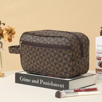 Pochette de maquillage vintage à imprimé géométrique en PU, sac de voyage portable pour cosmétiques, trousse de toilette multi-zippée avec sangle de transport