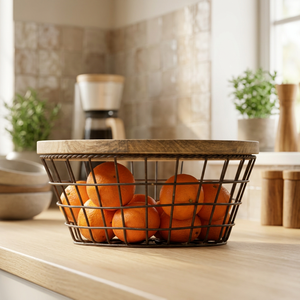 <b>Rectangular</b> <b>Storage</b> <b>Basket</b> With Wooden Lid Minimalist Kitchen Food Container Durable Metal Wire <b>Basket</b> - Product Image 5